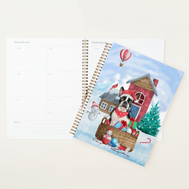 Boston Terrier Dog In snow Christmas Dog House Planner (Display)
