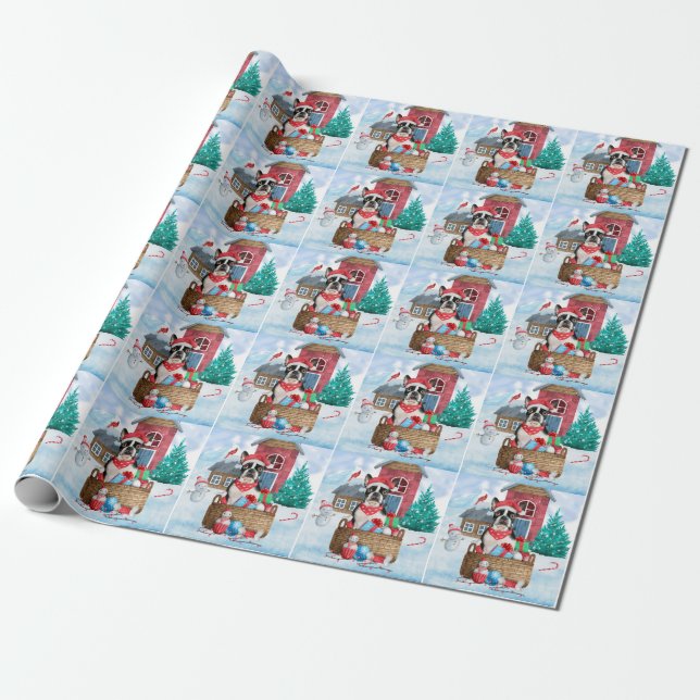 Boston Terrier Dog In snow Christmas Dog House Wrapping Paper (Unrolled)