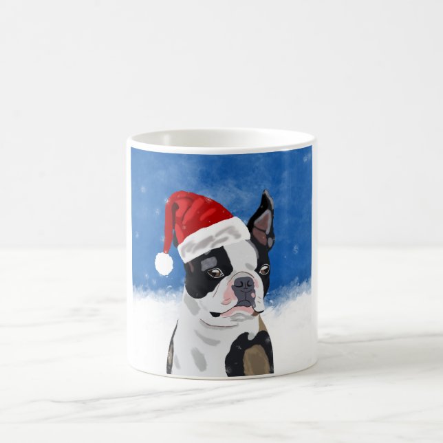 Boston Terrier Dog in Snow Christmas Happy Holiday Coffee Mug (Center)