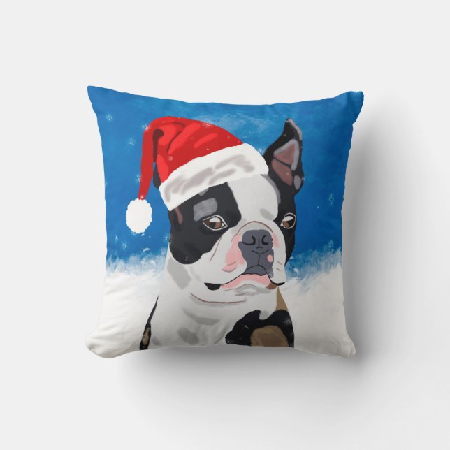 Boston Terrier Dog in Snow Christmas Happy Holiday Cushion (Front)