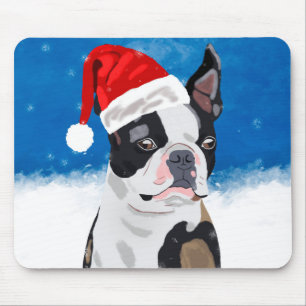 Boston Terrier Dog in Snow Christmas Happy Holiday Mouse Pad