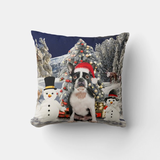 Boston Terrier Dog in Snow Christmas Hat Lights Cushion (Front)