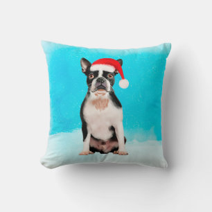 Boston Terrier Dog In Snow Christmas Holiday Cushion