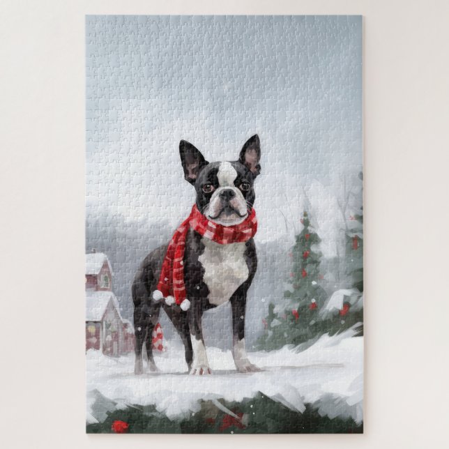 Boston Terrier Dog in Snow Christmas  Jigsaw Puzzle (Vertical)