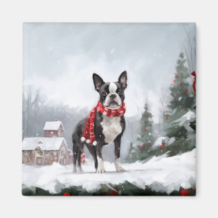 Boston Terrier Dog in Snow Christmas  Magnet