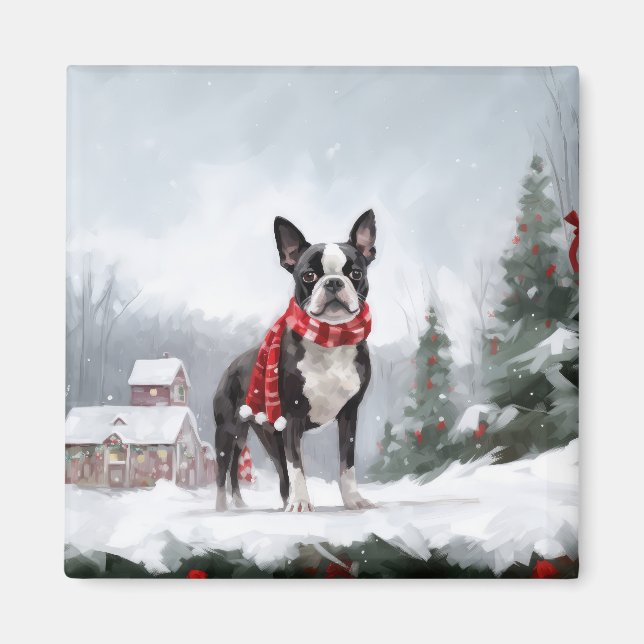 Boston Terrier Dog in Snow Christmas  Magnet (Front)