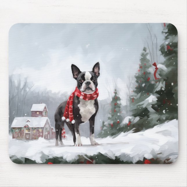 Boston Terrier Dog in Snow Christmas  Mouse Pad (Front)