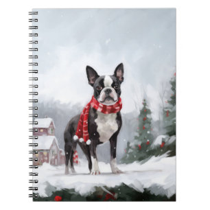 Boston Terrier Dog in Snow Christmas  Notebook