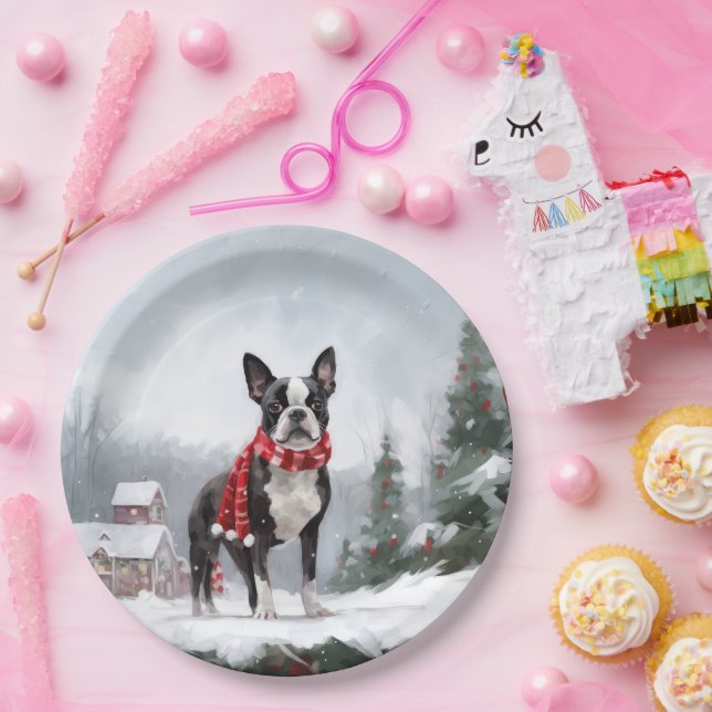 Boston Terrier Dog in Snow Christmas  Paper Plate (Party)
