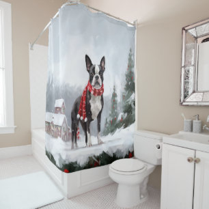 Boston Terrier Dog in Snow Christmas  Shower Curtain
