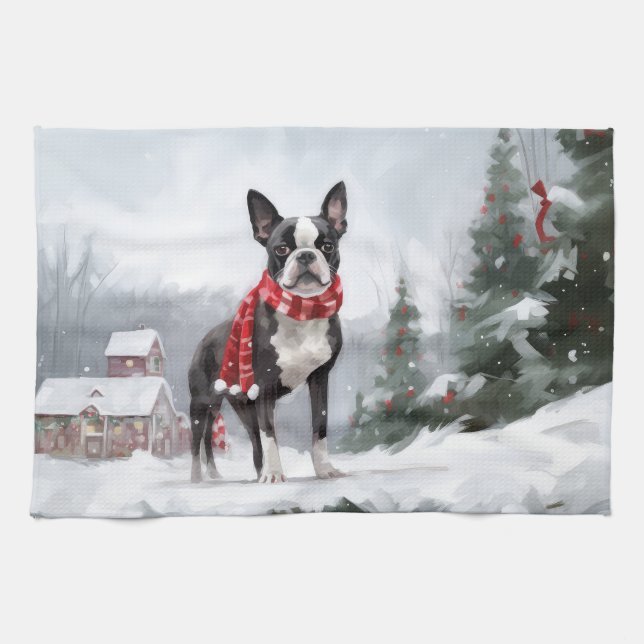 Boston Terrier Dog in Snow Christmas  Tea Towel (Horizontal)