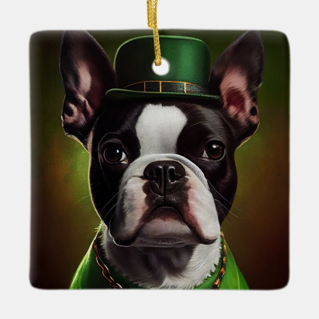 Boston Terrier dog in St. Patrick's Day Dress Ceramic Ornament (Front)