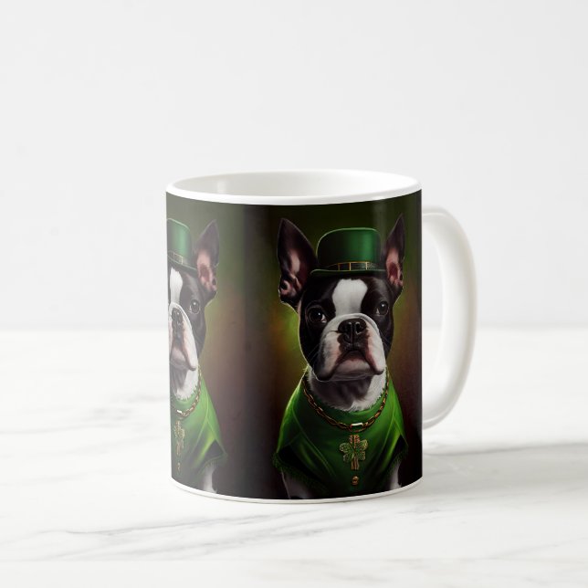 Boston Terrier dog in St. Patrick's Day Dress Coffee Mug (Front Right)