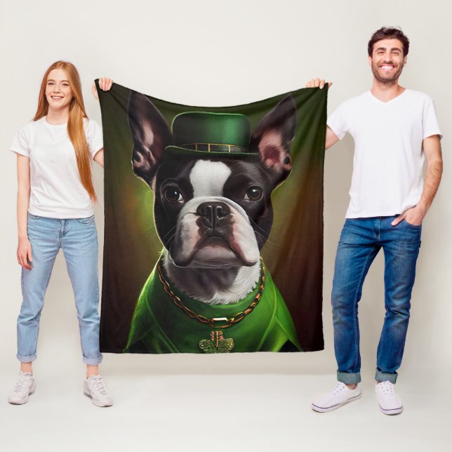 Boston Terrier dog in St. Patrick's Day Dress Fleece Blanket (In Situ)
