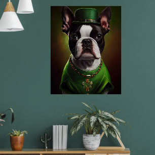Boston Terrier dog in St. Patrick's Day Dress Poster