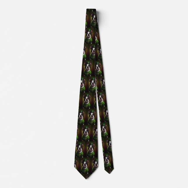 Boston Terrier dog in St. Patrick's Day Dress Tie (Front)