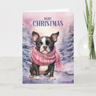 Boston Terrier Dog Merry Christmas Pink Forest Holiday Card