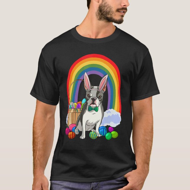 Boston Terrier Dog Mom Easter Eggs Bunny Rabbit T-Shirt (Front)