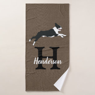 Boston Terrier Dog Monogram Last Name Bath Towel Set