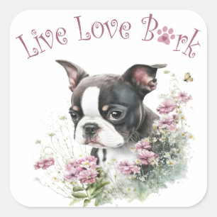 Boston Terrier Dog Mum Floral Square Sticker