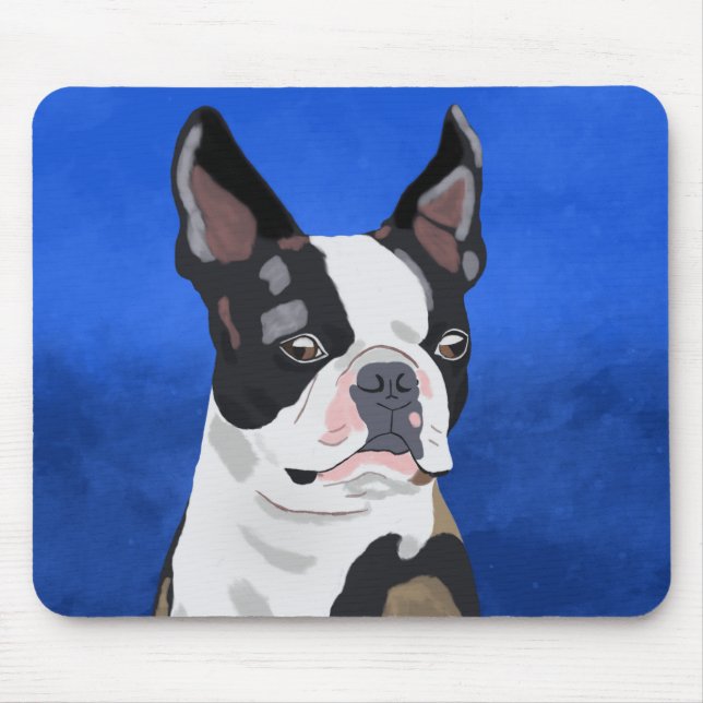 Boston Terrier Dog Oil Painting Art Portrait Mouse Pad (Front)