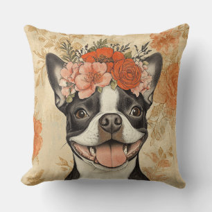 Boston Terrier Dog Orange Floral Cushion