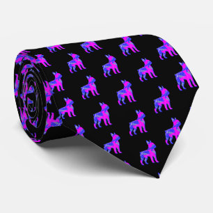 Boston Terrier Dog PinkBlue Silhouette Black Neck Tie