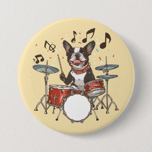 Boston Terrier Dog Playing Drums 7.5 Cm Round Badge
