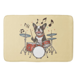 Boston Terrier Dog Playing Drums Bath Mat
