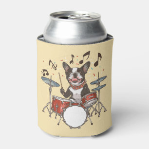 Boston Terrier Dog Playing Drums Can Cooler