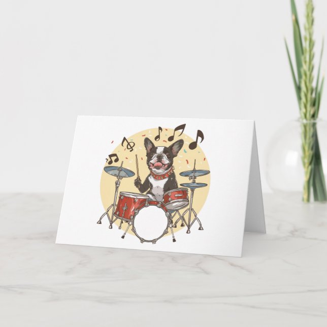 Boston Terrier Dog Playing Drums Card (Front)