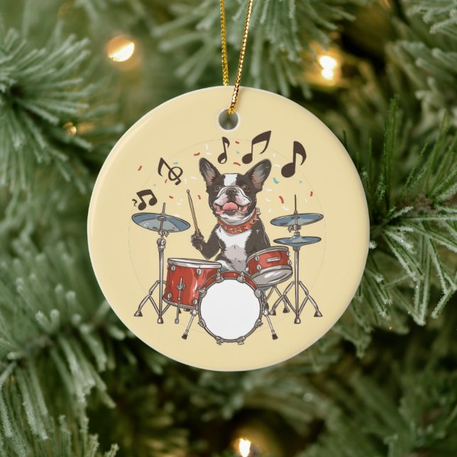 Boston Terrier Dog Playing Drums Ceramic Ornament (Tree)