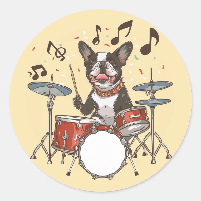 Boston Terrier Dog Playing Drums Classic Round Sticker (Front)