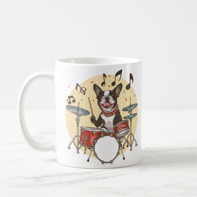 Boston Terrier Dog Playing Drums Coffee Mug (Left)