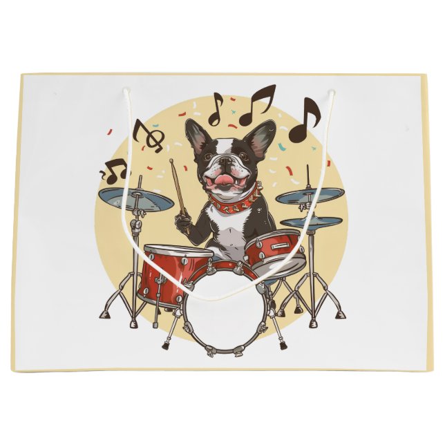 Boston Terrier Dog Playing Drums Large Gift Bag (Front)