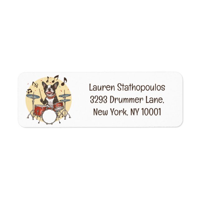 Boston Terrier Dog Playing Drums Return Address Label (Front)