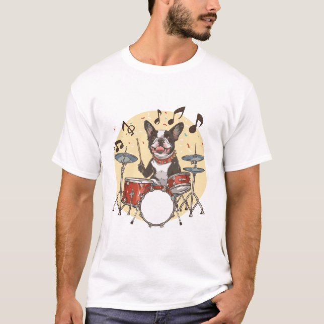 Boston Terrier Dog Playing Drums T-Shirt (Front)
