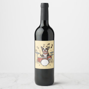 Boston Terrier Dog Playing Drums Wine Label
