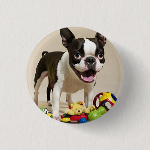 Boston Terrier Dog Playing with Toys 3 Cm Round Badge