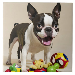 Boston Terrier Dog Playing with Toys Ceramic Tile