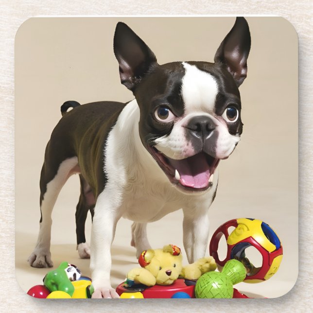Boston Terrier Dog Playing with Toys Coaster (Front)