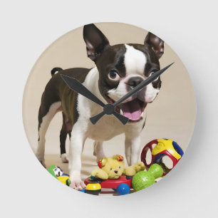Boston Terrier Dog Playing with Toys Round Clock