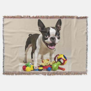 Boston Terrier Dog Playing with Toys Throw Blanket