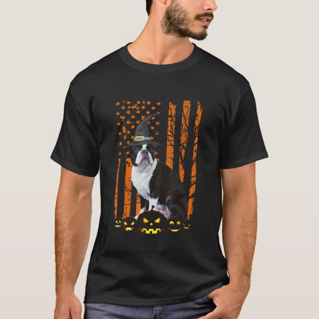 Boston Terrier Dog Pumpkin American Flag Witch Hal T-Shirt (Front)