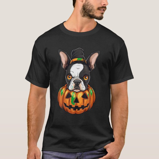 Boston Terrier Dog Pumpkin Lazy Halloween Party Co T-Shirt (Front)