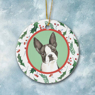 Boston Terrier Dog Red Berry Holly Border Ceramic Ornament