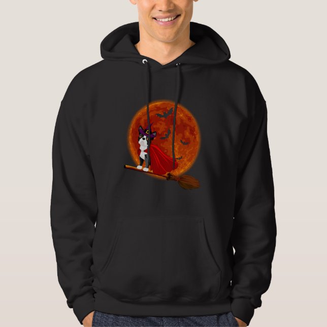 Boston Terrier Dog Riding Broom Blood Moon Hoodie (Front)