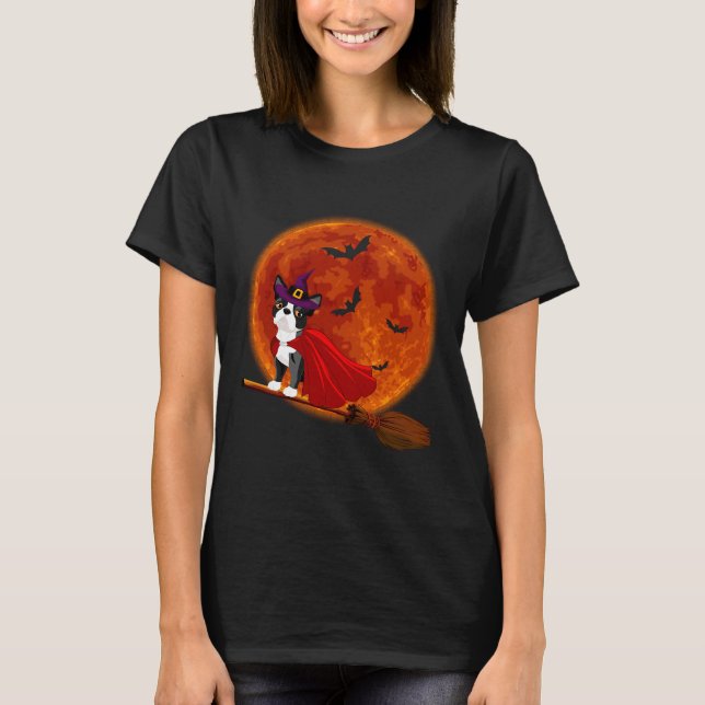 Boston Terrier Dog Riding Broom Blood Moon T-Shirt (Front)