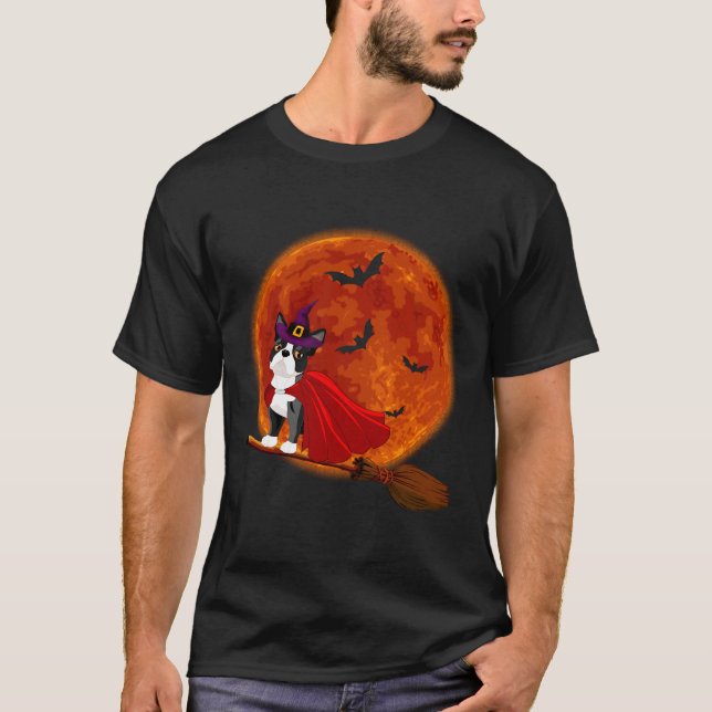 Boston Terrier Dog Riding Broom Blood Moon T-Shirt (Front)