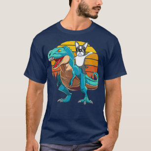 Boston Terrier Dog Riding Dinosaur T Rex Boys T-Shirt